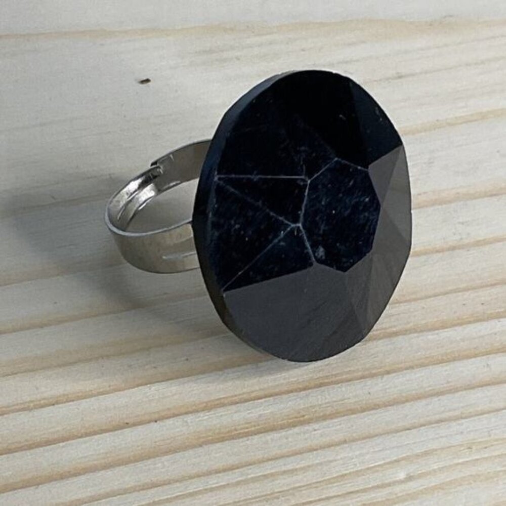 Jet Black Faceted Oval Acrylic Silver Tone Adjustable Band Ring